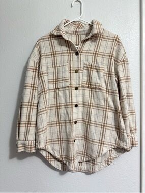 Cream and Brown Plaid Button-Up Shacket